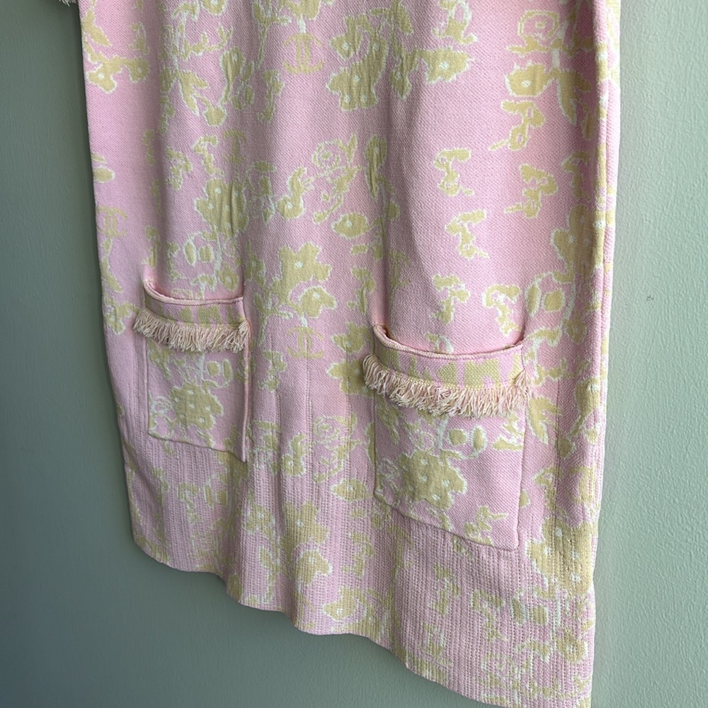 Brocade knit sheath mod mini dress with fringe accents - Picture 6 of 14
